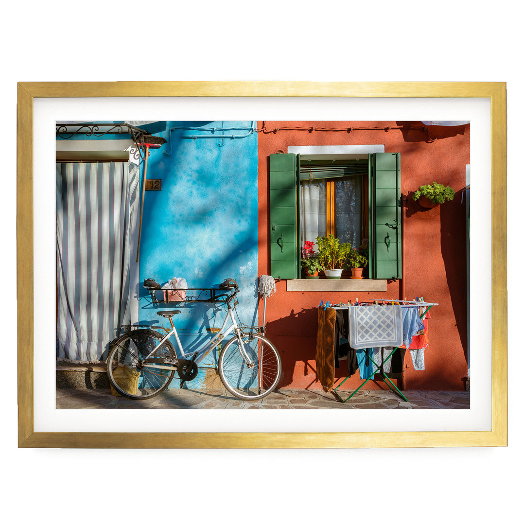 Colourful Burano, Venice, Italy – fine art print in a gold frame with white mat