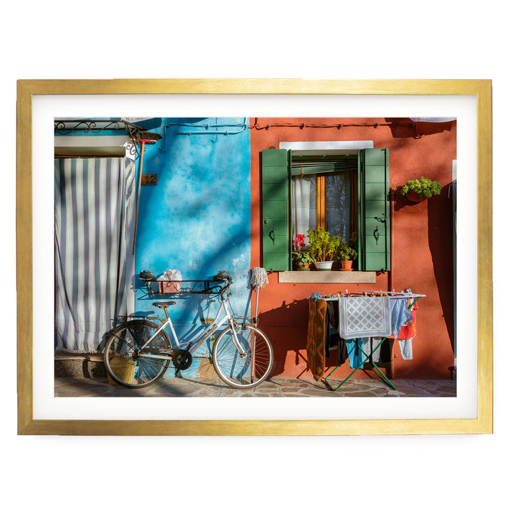 Colourful Burano, Venice, Italy – fine art print in a gold frame with white mat