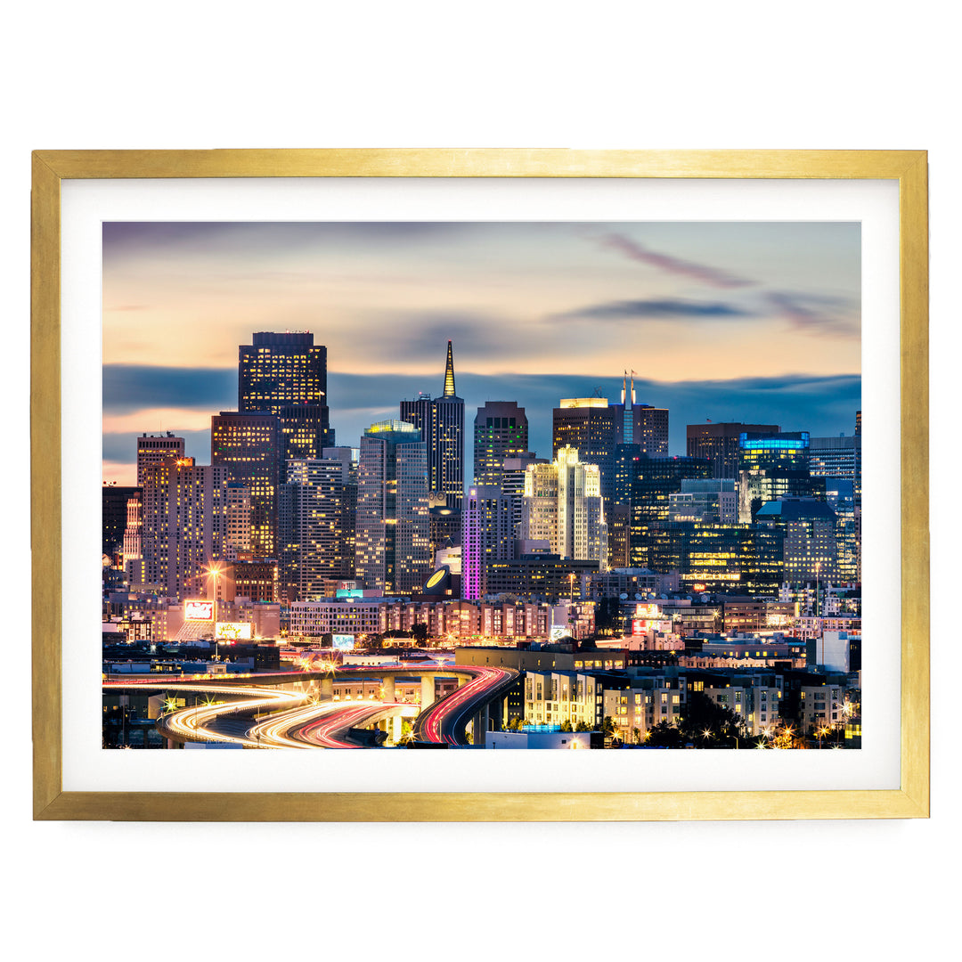 San Francisco Skyline at Night, California – fine art print in a gold frame with white mat