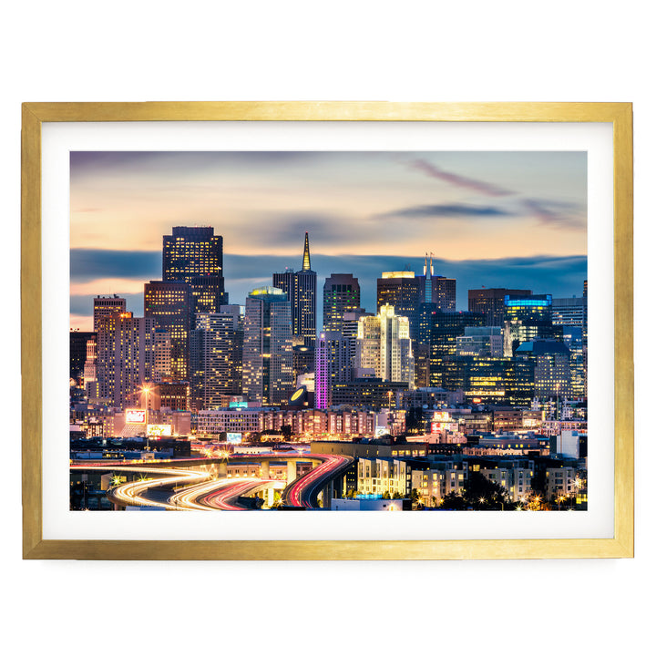 San Francisco Skyline at Night, California – fine art print in a gold frame with white mat