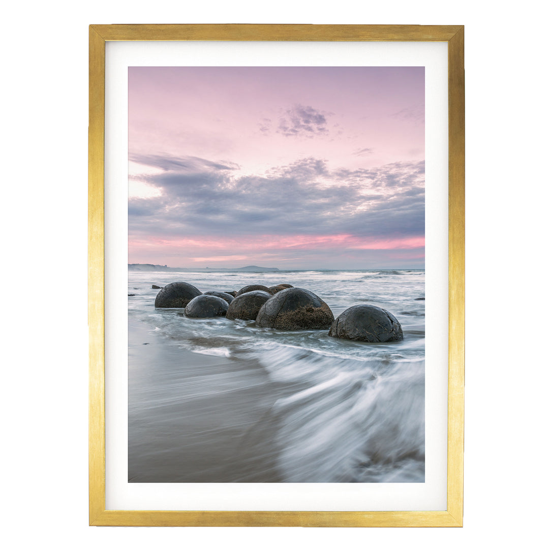 Moeraki Boulders II, New Zealand – fine art print in a gold frame with white mat