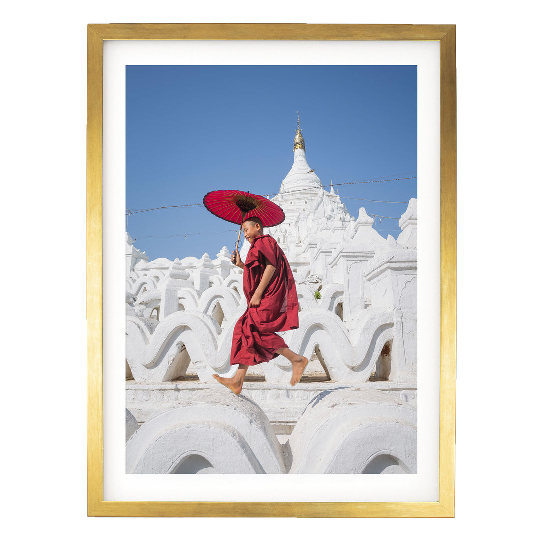 Novice Monk at the Temple, Myanmar – fine art print in a gold frame with white mat