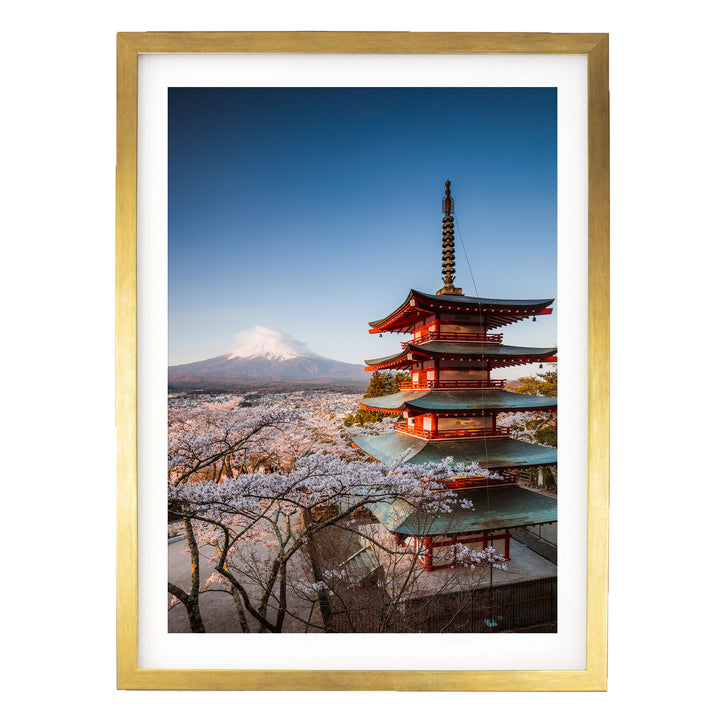 Pagoda and Mount Fuji II, Japan – fine art print in a gold frame with white mat