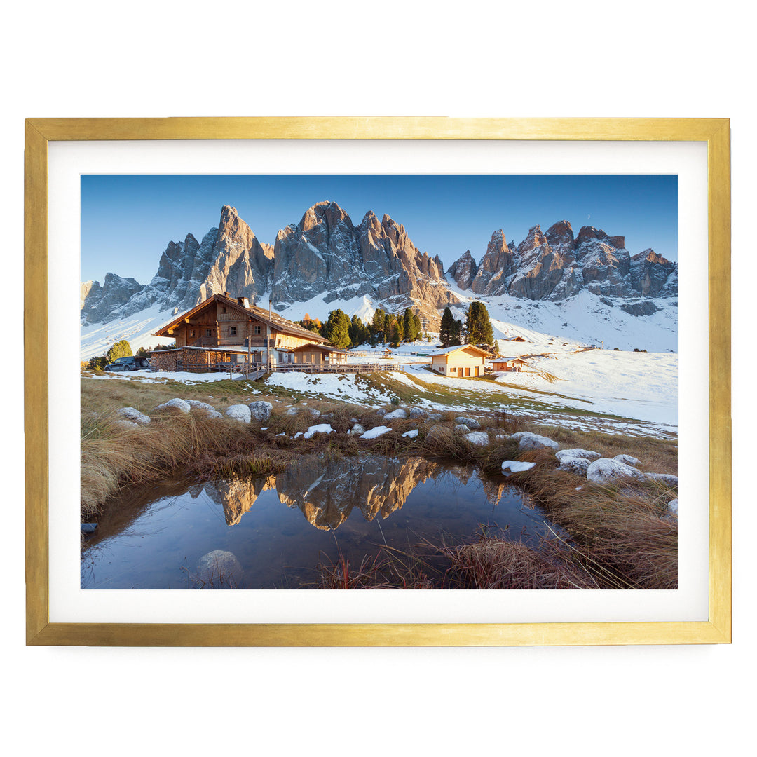 Mountain Hut, Dolomites, Italy – fine art print in a gold frame with white mat