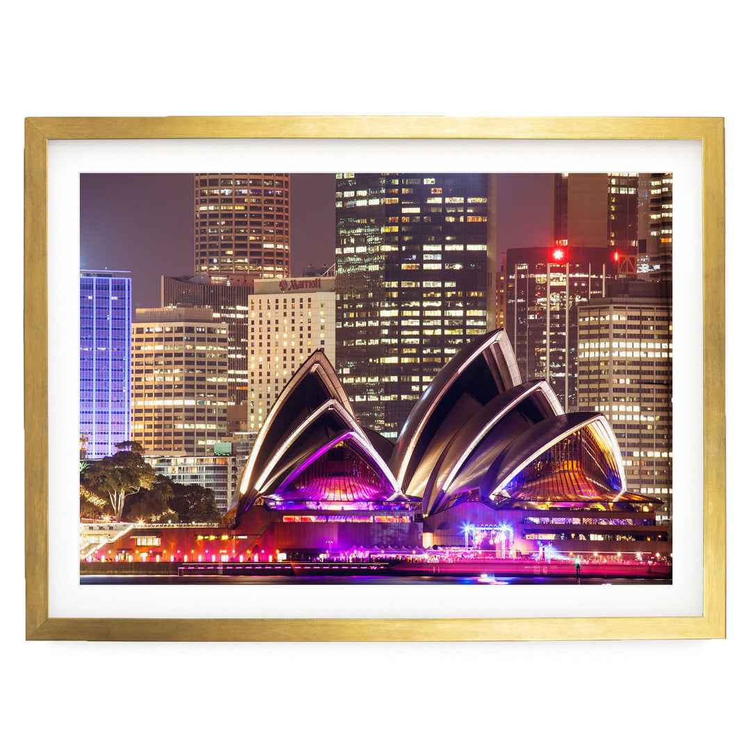 Night at the Opera House, Sydney, Australia – fine art print in a gold frame with white mat