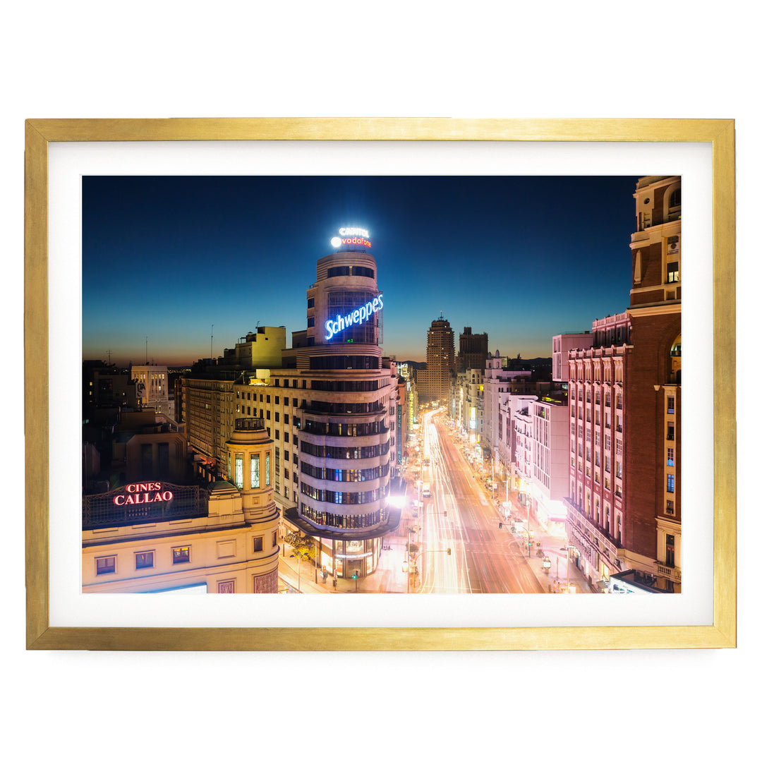 Night in Madrid, Spain – fine art print in a gold frame with white mat