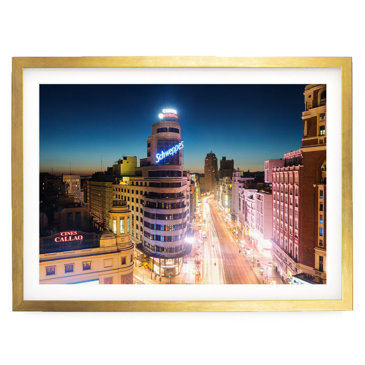 Night in Madrid, Spain – fine art print in a gold frame with white mat
