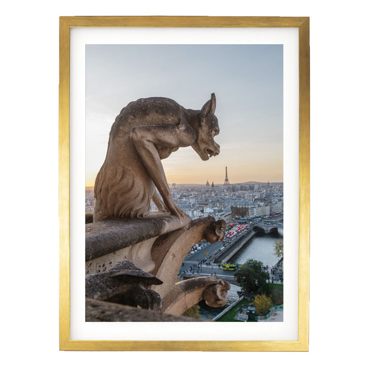 Notre-Dame Gargoyle, Paris, France – fine art print in a gold frame with white mat