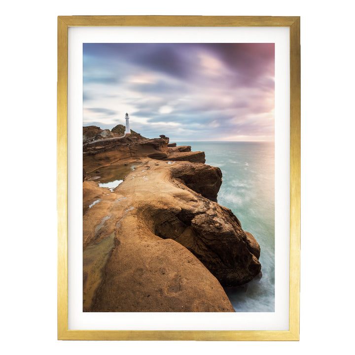 Castle Point Lighthouse, New Zealand – fine art print in a gold frame with white mat