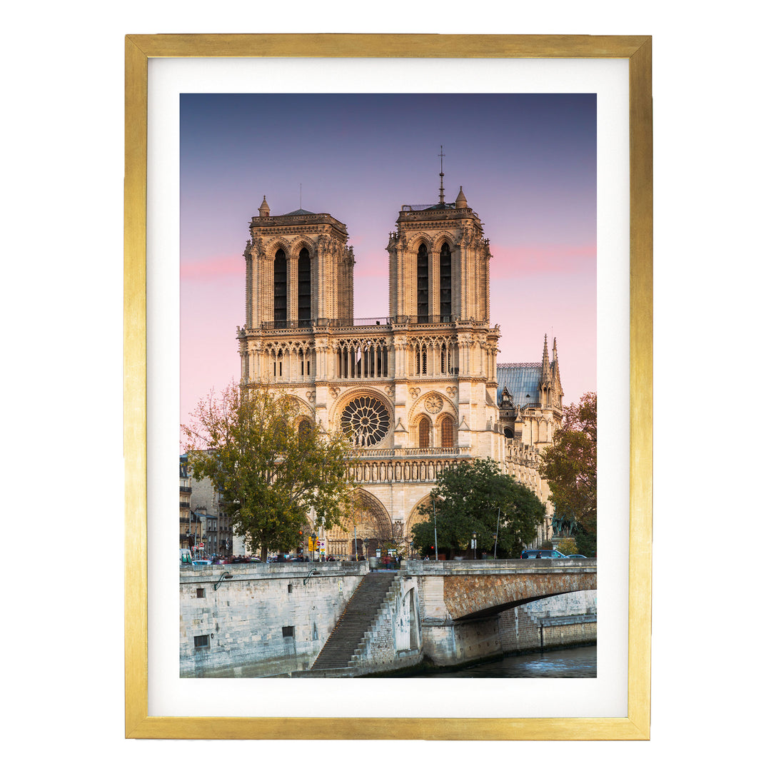 Sunset over Notre-Dame, Paris, France – fine art print in a gold frame with white mat