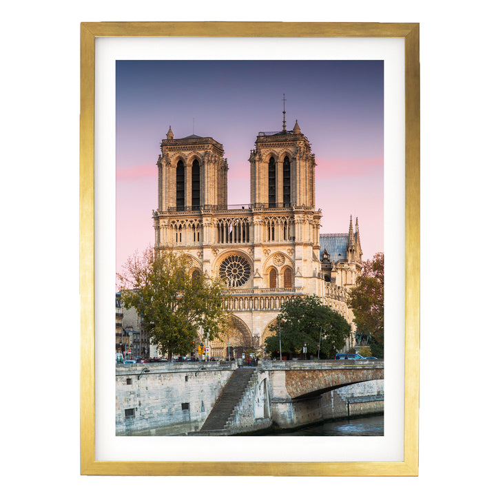 Sunset over Notre-Dame, Paris, France – fine art print in a gold frame with white mat