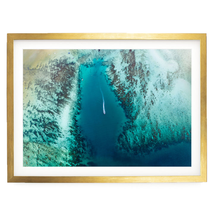 Tropical Sea Aerial, South-East Asia – fine art print in a gold frame with white mat