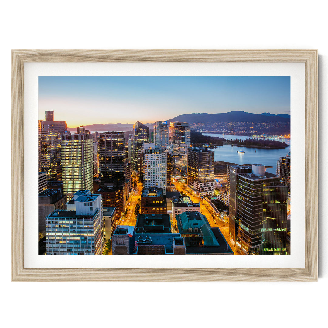 Vancouver Skyline, British Columbia, Canada – fine art print in a natural frame with white mat