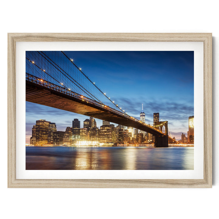 Brooklyn Bridge at Night, New York City – fine art print in a natural frame with white mat