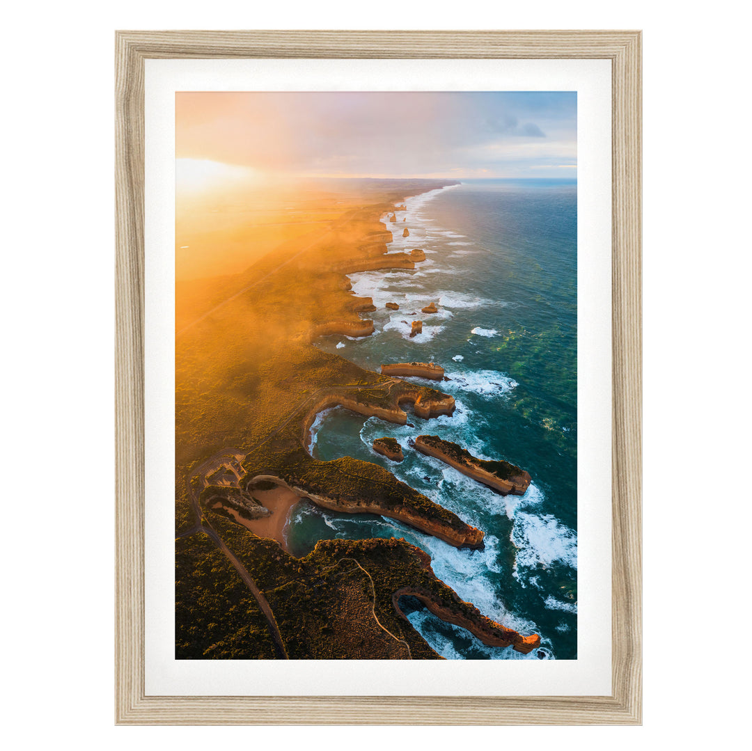 Shipwreck Coast Aerial, Great Ocean Road, Australia – fine art print in a natural frame with white mat