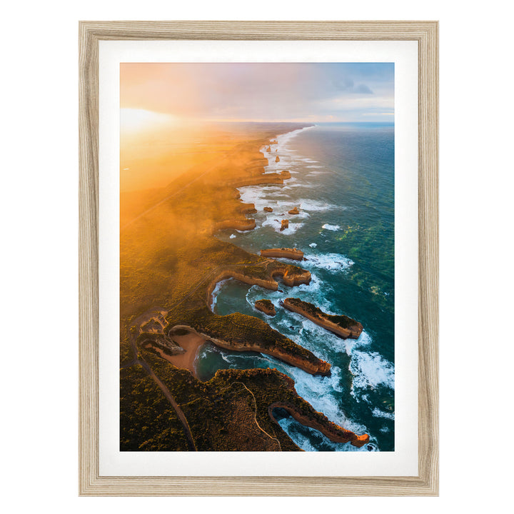 Shipwreck Coast Aerial, Great Ocean Road, Australia – fine art print in a natural frame with white mat