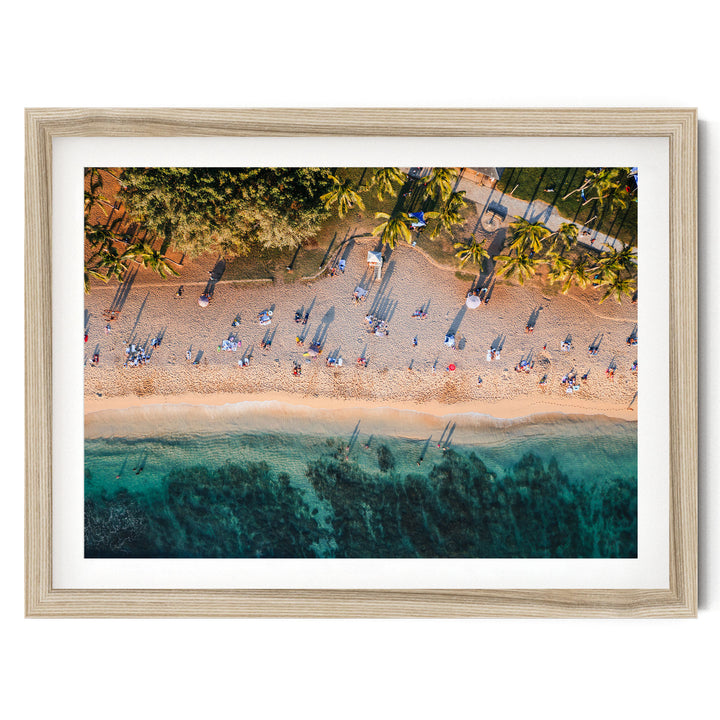 Waikiki Beach Aerial, Honolulu, Hawaii – fine art print in a natural frame with white mat