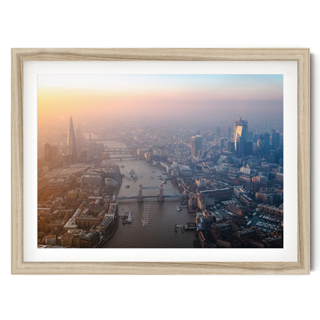 London Aerial II, England – fine art print in a natural frame with white mat