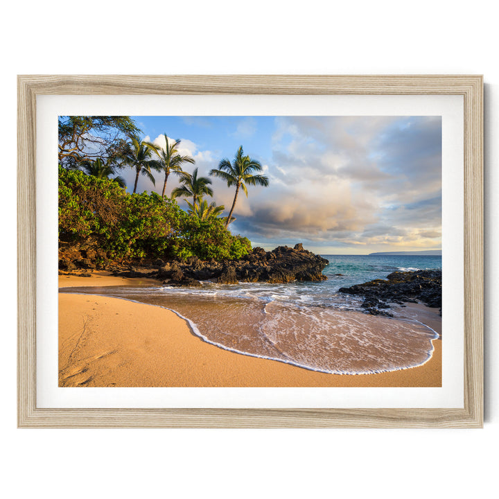Maui Secret Beach at Sunset, Makena Cove, Hawaii – fine art print in a natural frame with white mat
