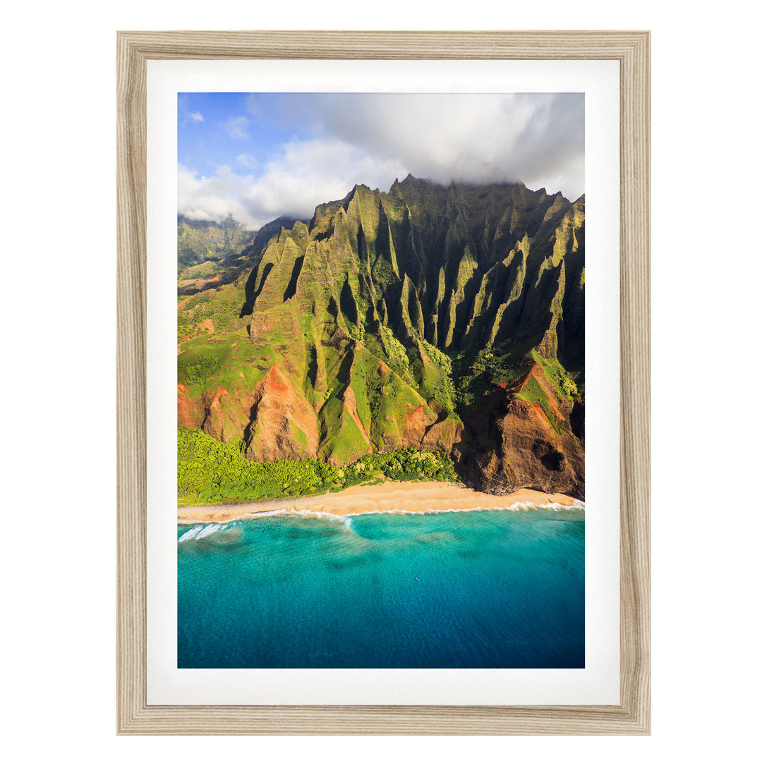 Kauai Cliffs III, Na Pali Coast, Hawaii – fine art print in a natural frame with white mat