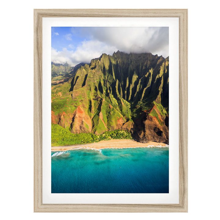 Kauai Cliffs III, Na Pali Coast, Hawaii – fine art print in a natural frame with white mat