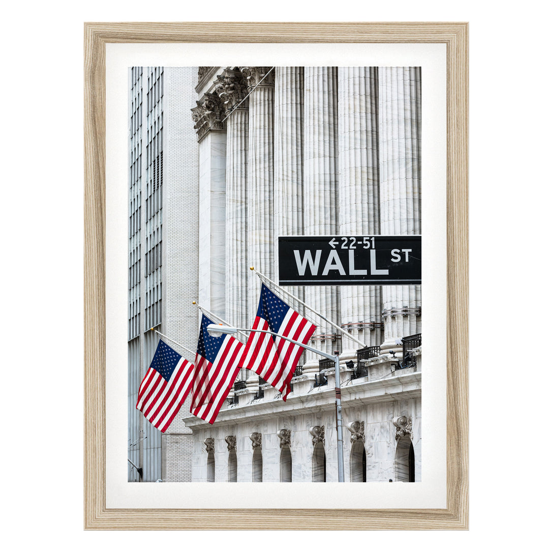 Wall Street, New York City – fine art print in a natural frame with white mat