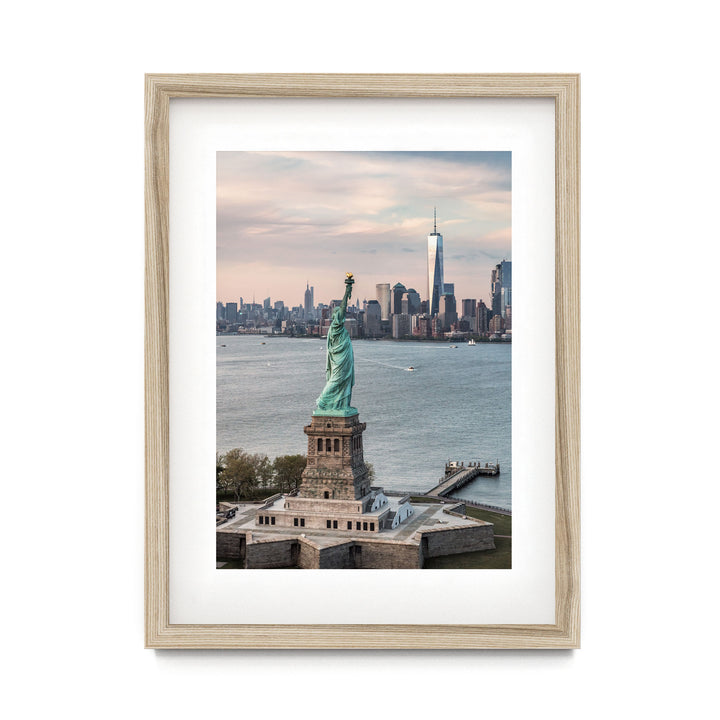 Statue of Liberty and New York Skyline II – fine art print in a natural frame with white mat