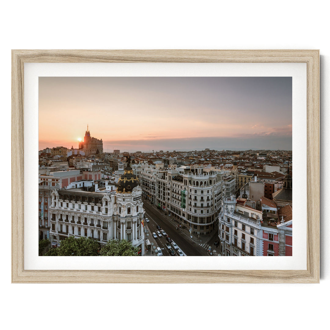 Sunset over Madrid, Spain – fine art print in a natural frame with white mat