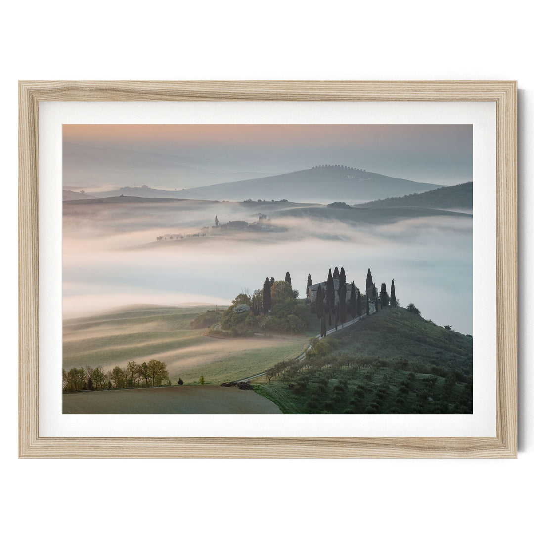 Misty Morning in Tuscany, Italy – fine art print in a natural frame with white mat