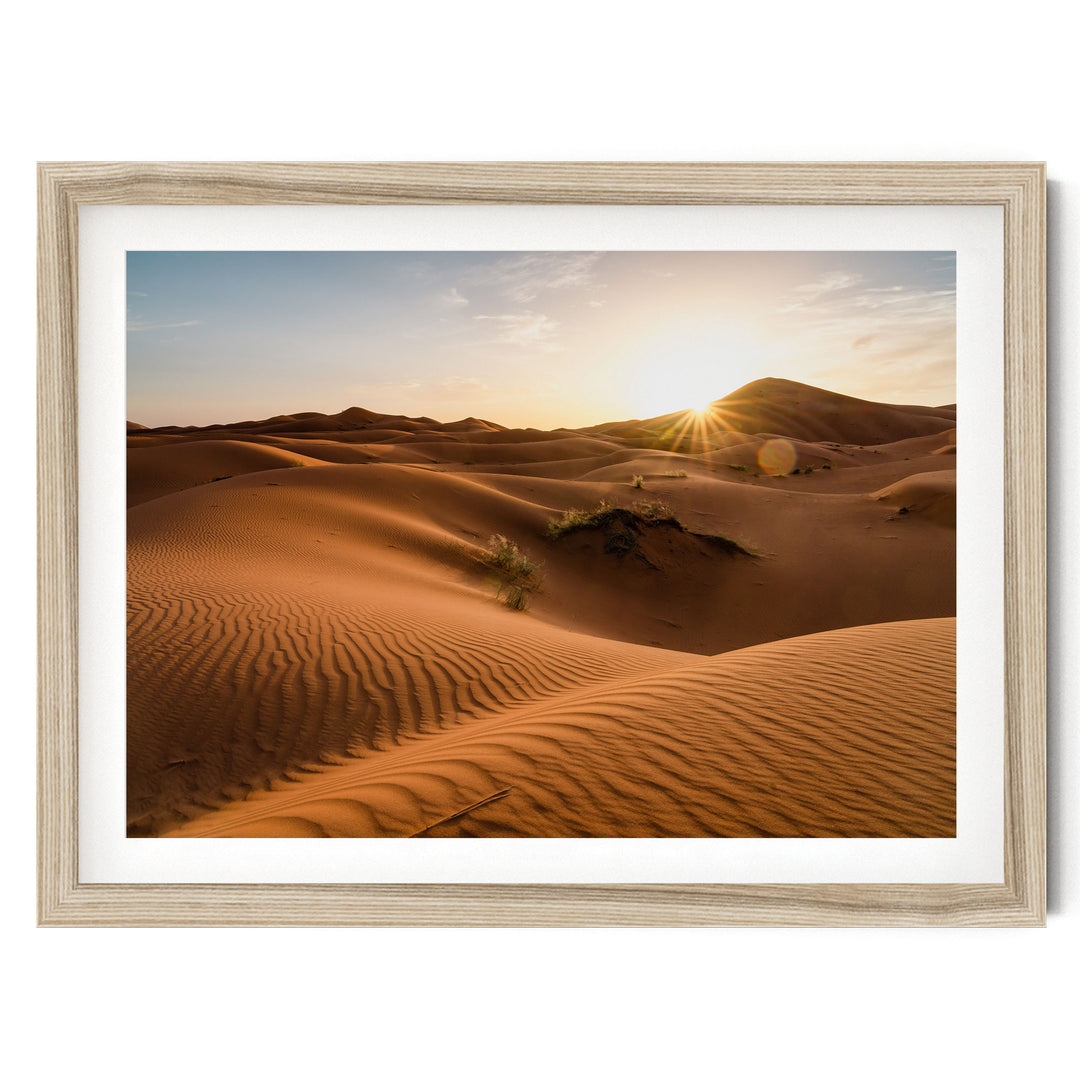 Sunset in the Sahara, Erg Chebbi, Morocco – fine art print in a natural frame with white mat