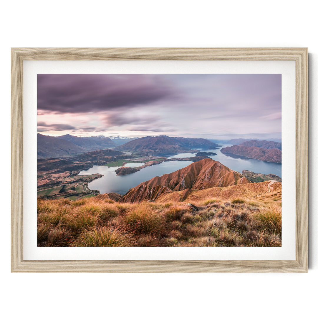 Wanaka at Sunset, New Zealand – fine art print in a natural frame with white mat