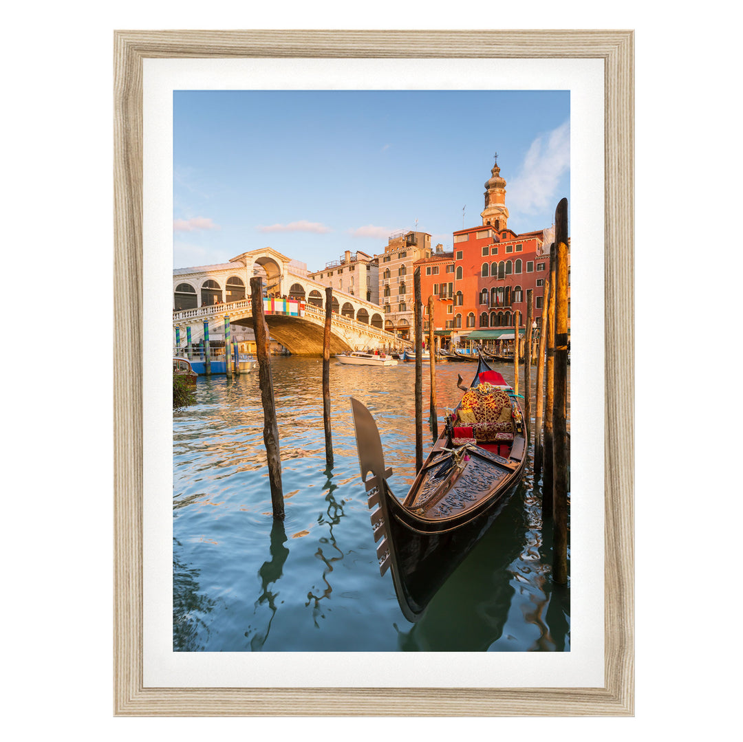 Gondola at the Rialto, Venice, Italy – fine art print in a natural frame with white mat