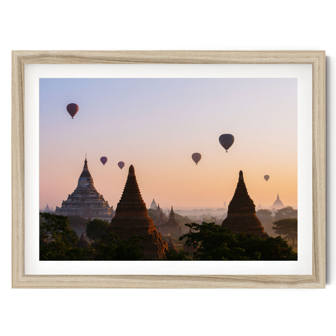 Balloons Flying over Bagan II, Myanmar – fine art print in a natural frame with white mat