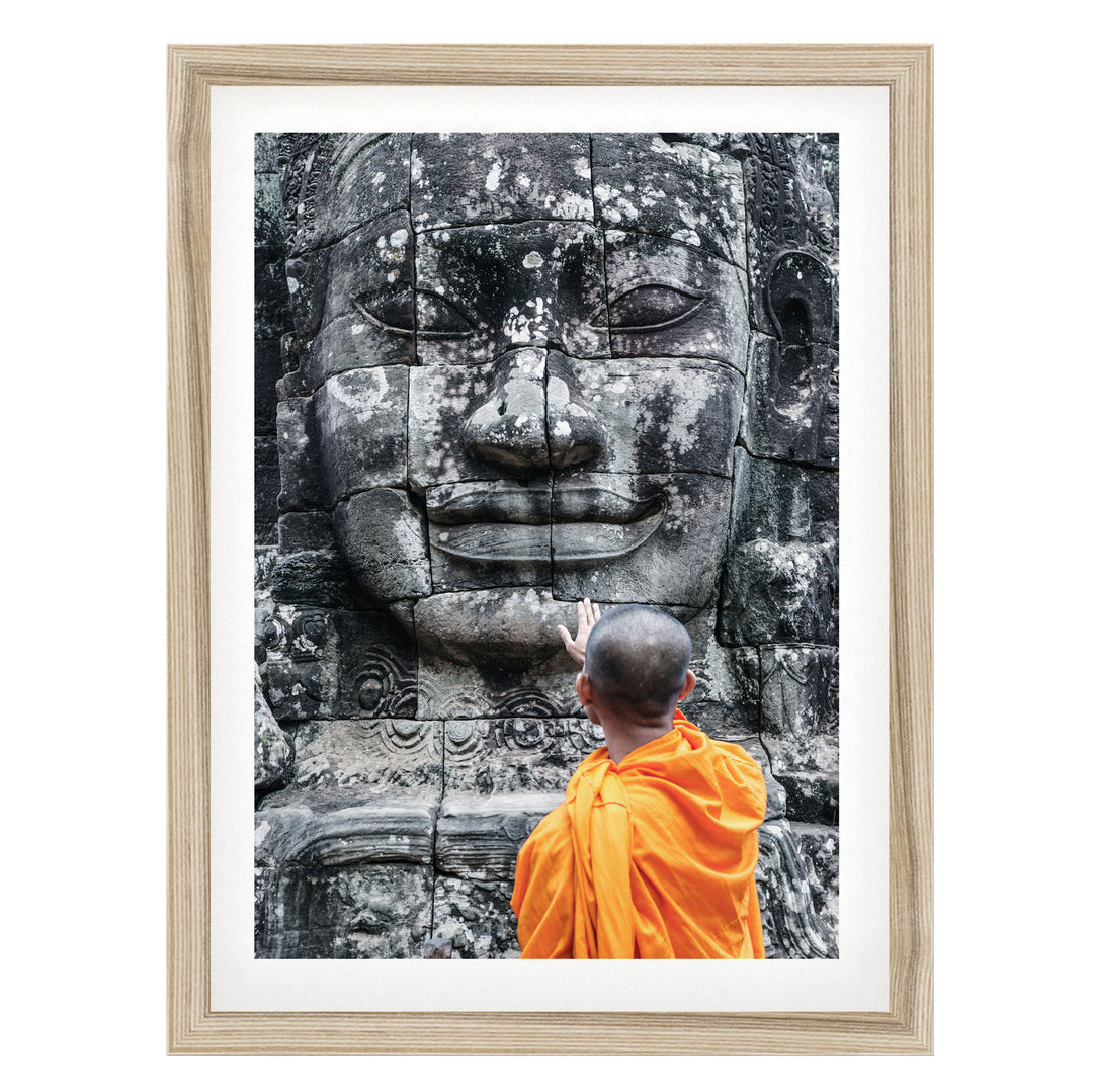 Monk at Bayon Temple, Angkor, Cambodia – fine art print in a natural frame with white mat