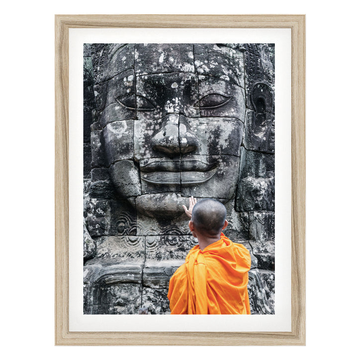 Monk at Bayon Temple, Angkor, Cambodia – fine art print in a natural frame with white mat