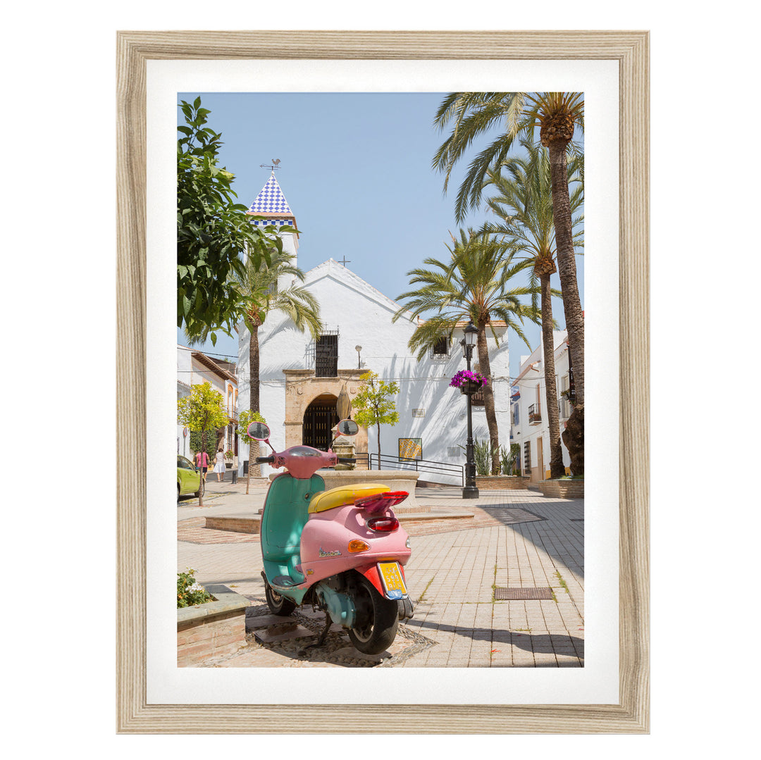 Colourful Vespa, Marbella, Spain – fine art print in a natural frame with white mat