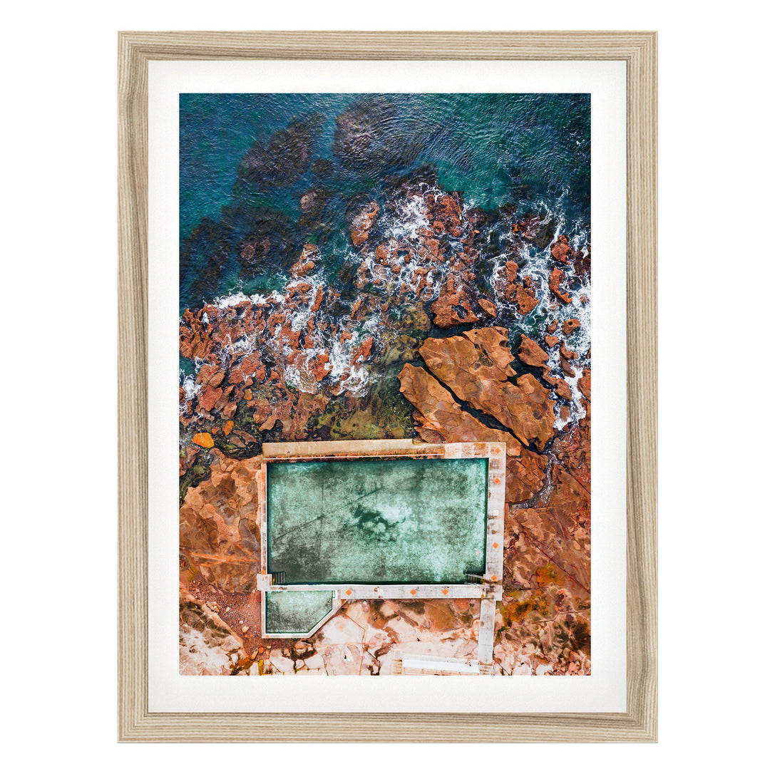 Ocean Rockpool Aerial, Sydney, Australia – fine art print in a natural frame with white mat