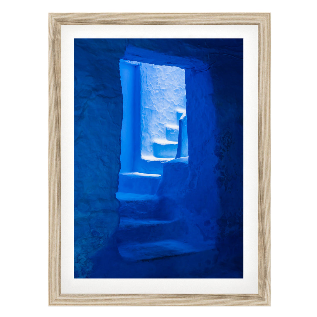 Blue Staircase, Chefchaouen, Morocco – fine art print in a natural frame with white mat