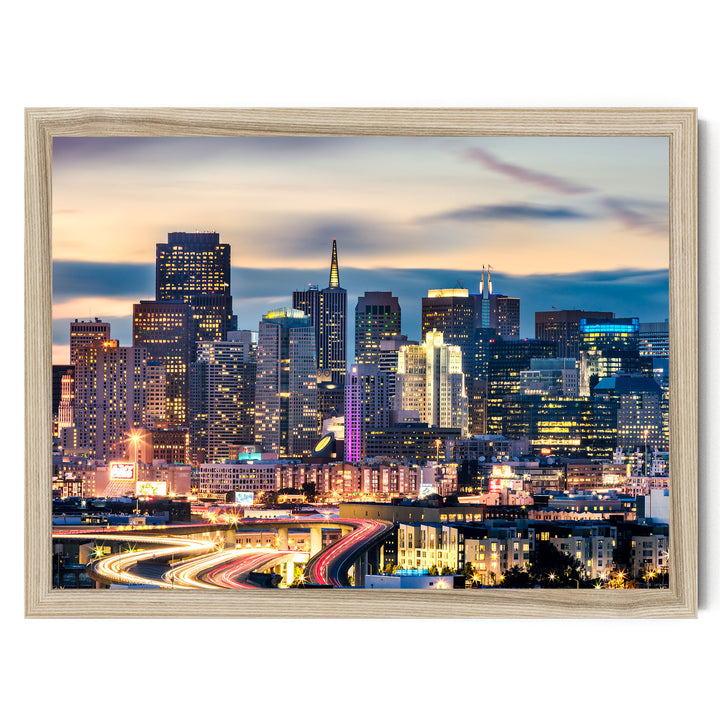 San Francisco Skyline at Night, California – fine art print in a natural frame, no mat
