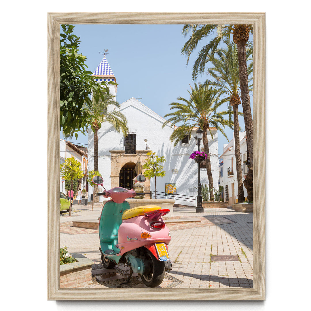 Colourful Vespa, Marbella, Spain – fine art print in a natural frame, no mat