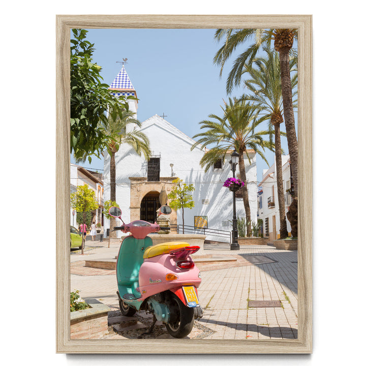 Colourful Vespa, Marbella, Spain – fine art print in a natural frame, no mat