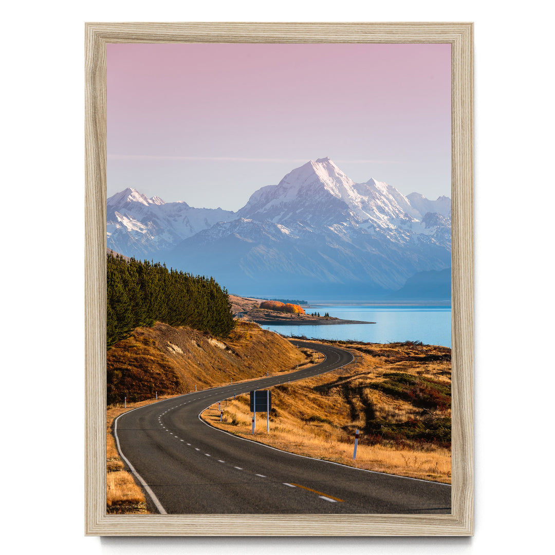 The Road to Mount Cook, New Zealand – fine art print in a natural frame, no mat