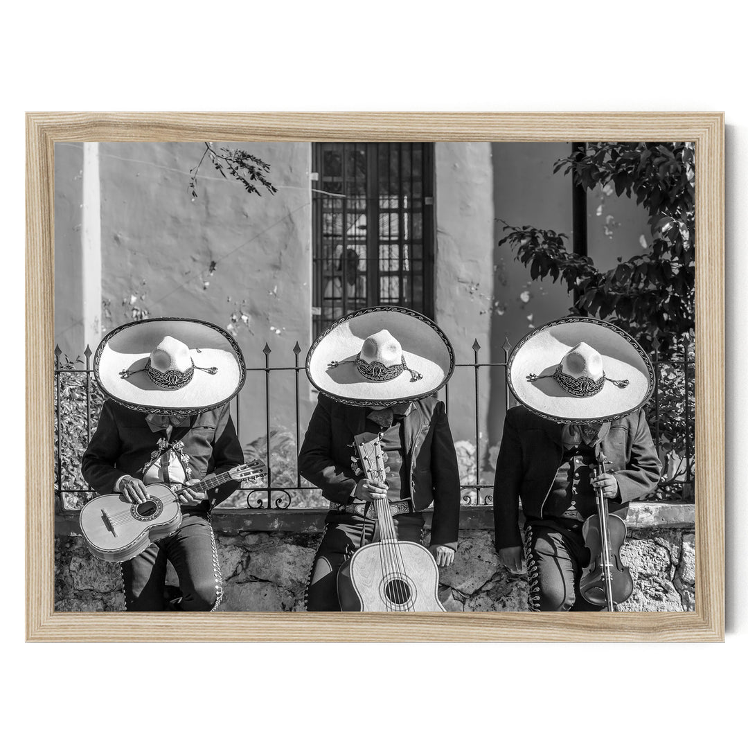 Mariachis Siesta, Yucatan, Mexico – B&amp;W – fine art print in a natural frame, no mat