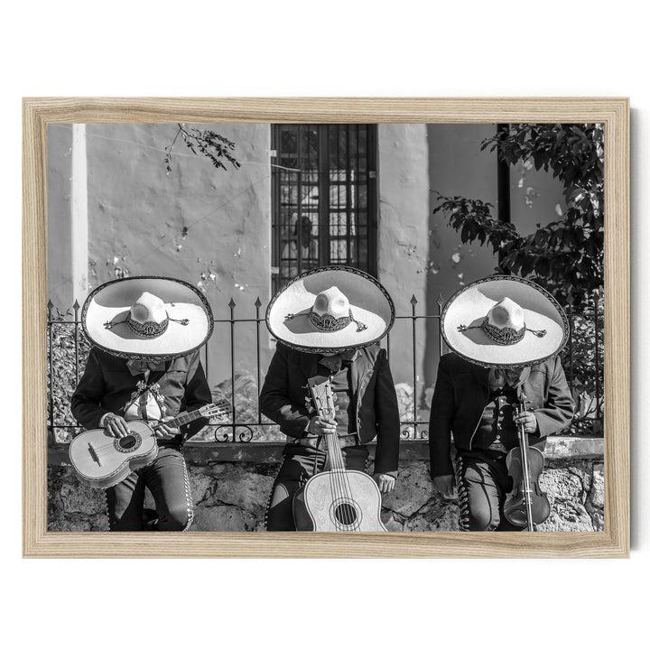 Mariachis Siesta, Yucatan, Mexico – B&amp;W – fine art print in a natural frame, no mat