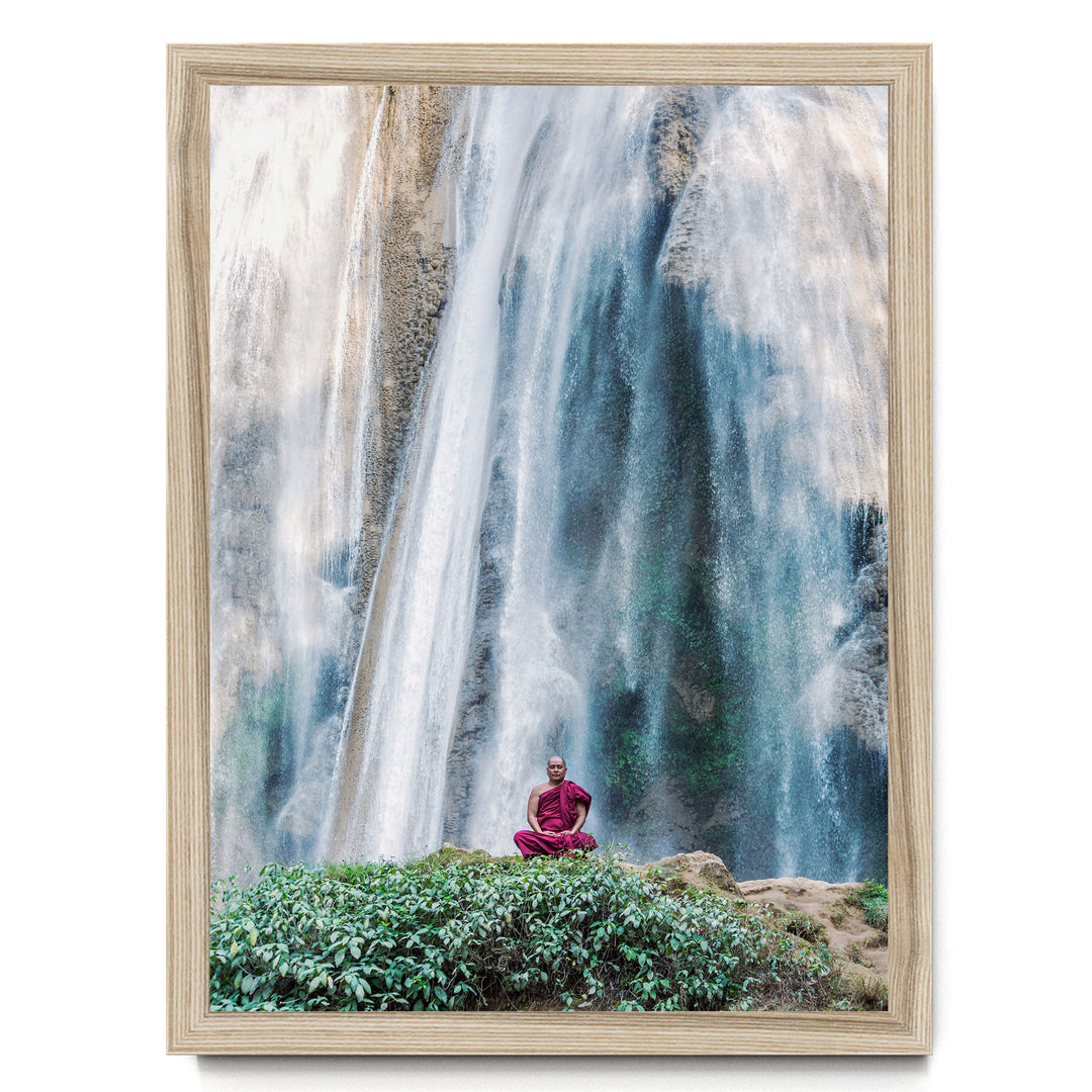 Meditation under the Waterfall, Myanmar – fine art print in a natural frame, no mat