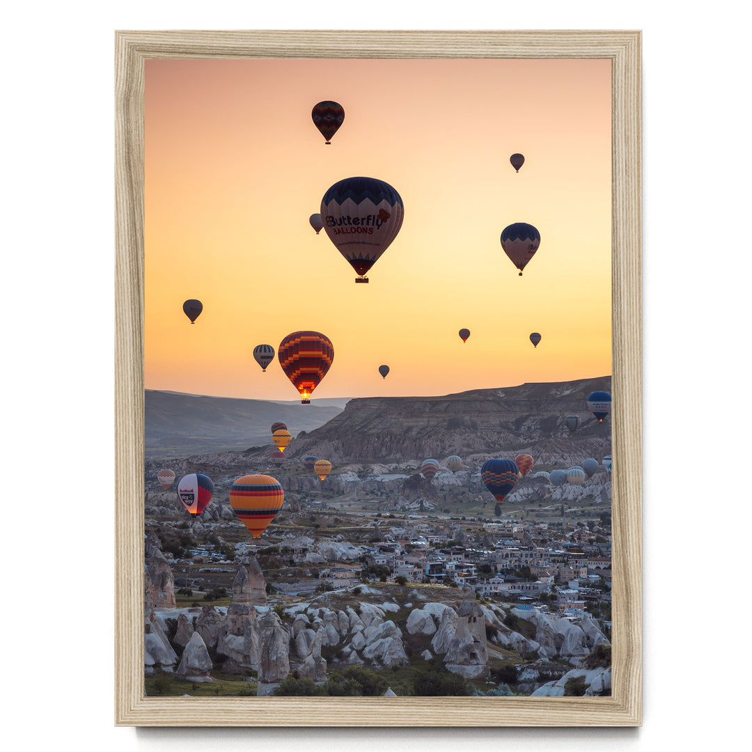 Hot Air Balloons over Cappadocia I, Turkey – fine art print in a natural frame, no mat