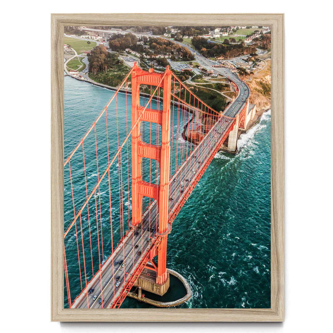 Flying over the Golden Gate Bridge I, San Francisco – fine art print in a natural frame, no mat