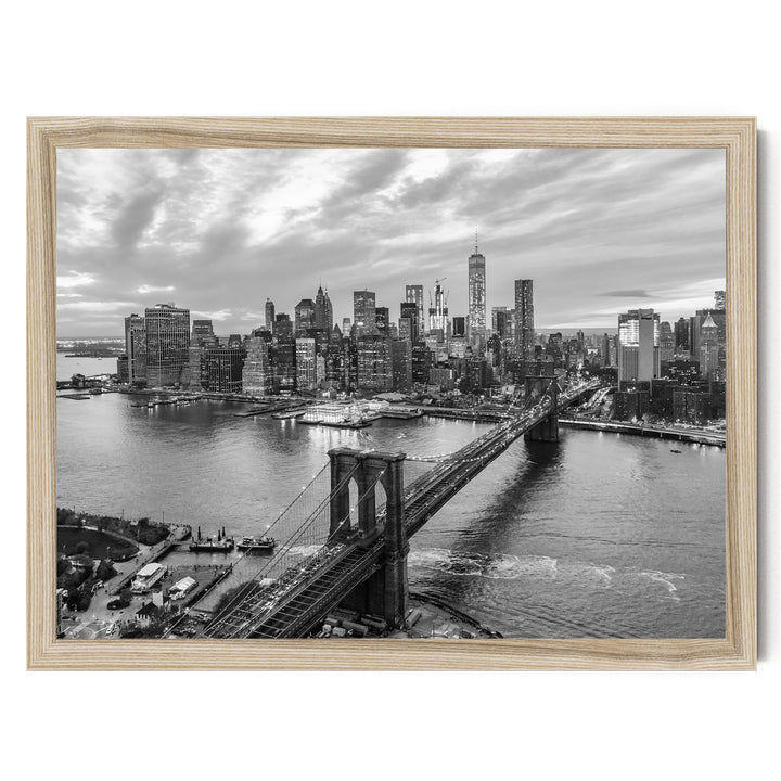 Manhattan and Brooklyn Bridge, New York City – B&amp;W – fine art print in a natural frame, no mat