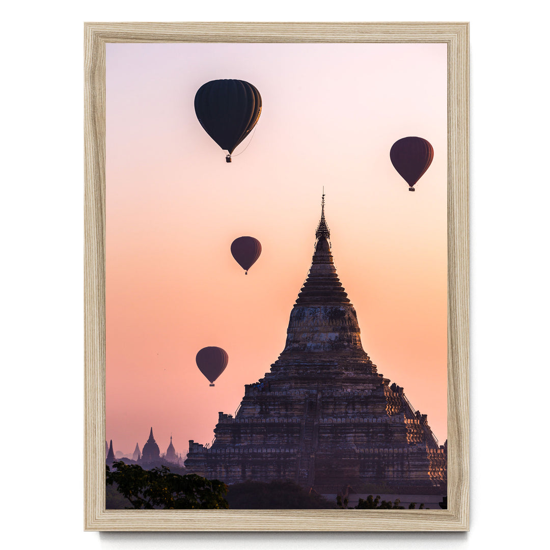 Balloons Flying over Bagan I, Myanmar – fine art print in a natural frame, no mat