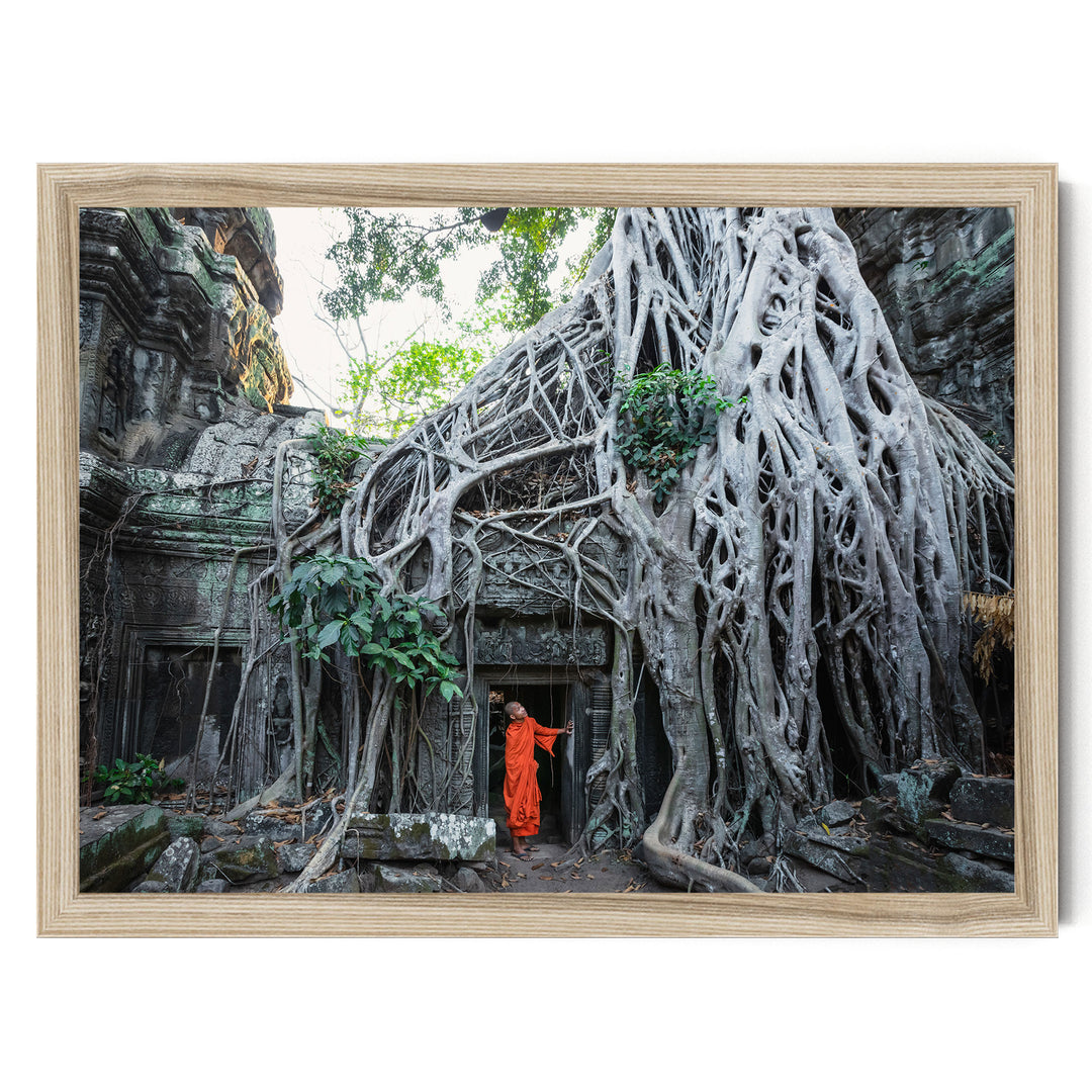 Monk at Ta Prohm, Angkor, Cambodia – fine art print in a natural frame, no mat